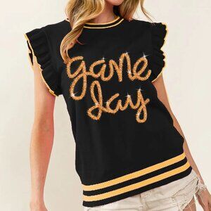 🏈Saints Day Glam: Black & Gold Ruffle Game Day Top